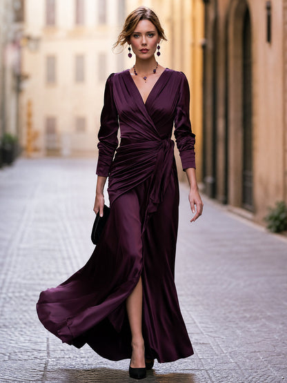 Plum Satin Wrap Maxi Dress with V-Neck