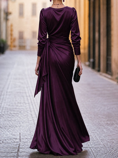 Plum Satin Wrap Maxi Dress with V-Neck