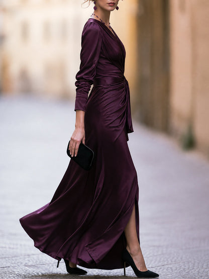 Plum Satin Wrap Maxi Dress with V-Neck