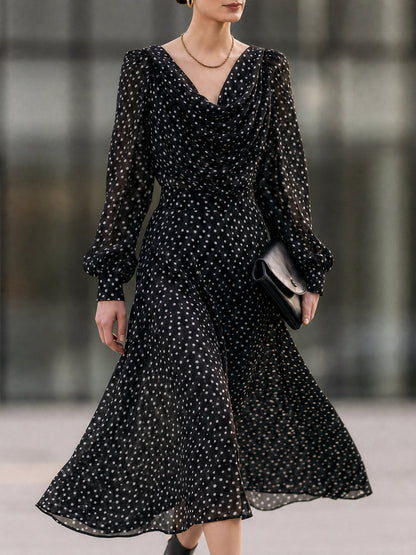 Black Polka Dot Chiffon Midi Dress with Cowl Neck