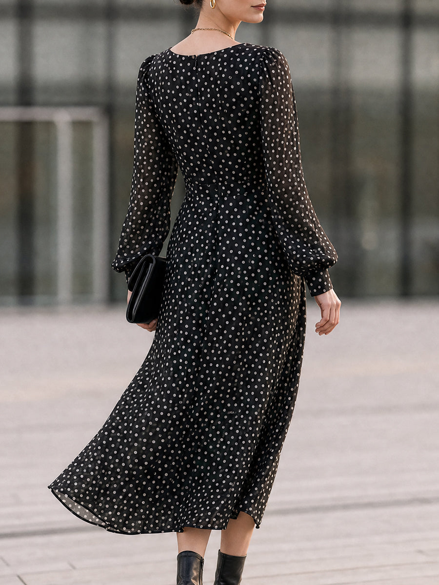 Black Polka Dot Chiffon Midi Dress with Cowl Neck
