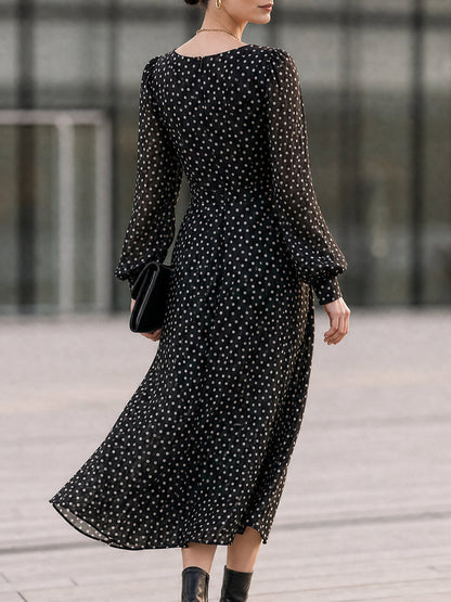 Black Polka Dot Chiffon Midi Dress with Cowl Neck