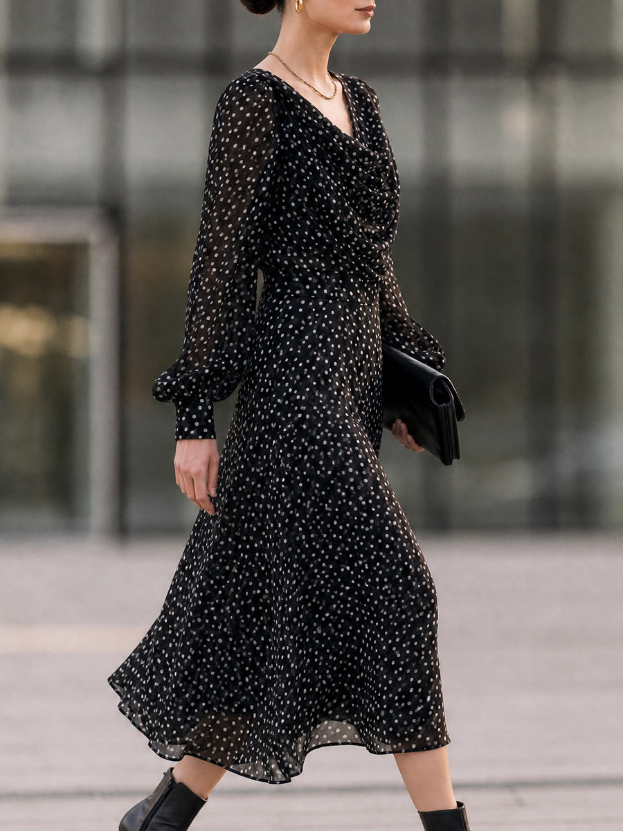 Black Polka Dot Chiffon Midi Dress with Cowl Neck