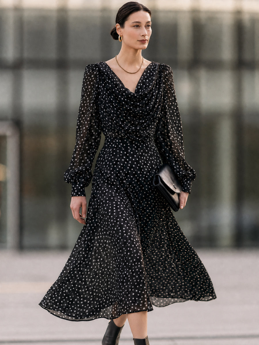 Black Polka Dot Chiffon Midi Dress with Cowl Neck