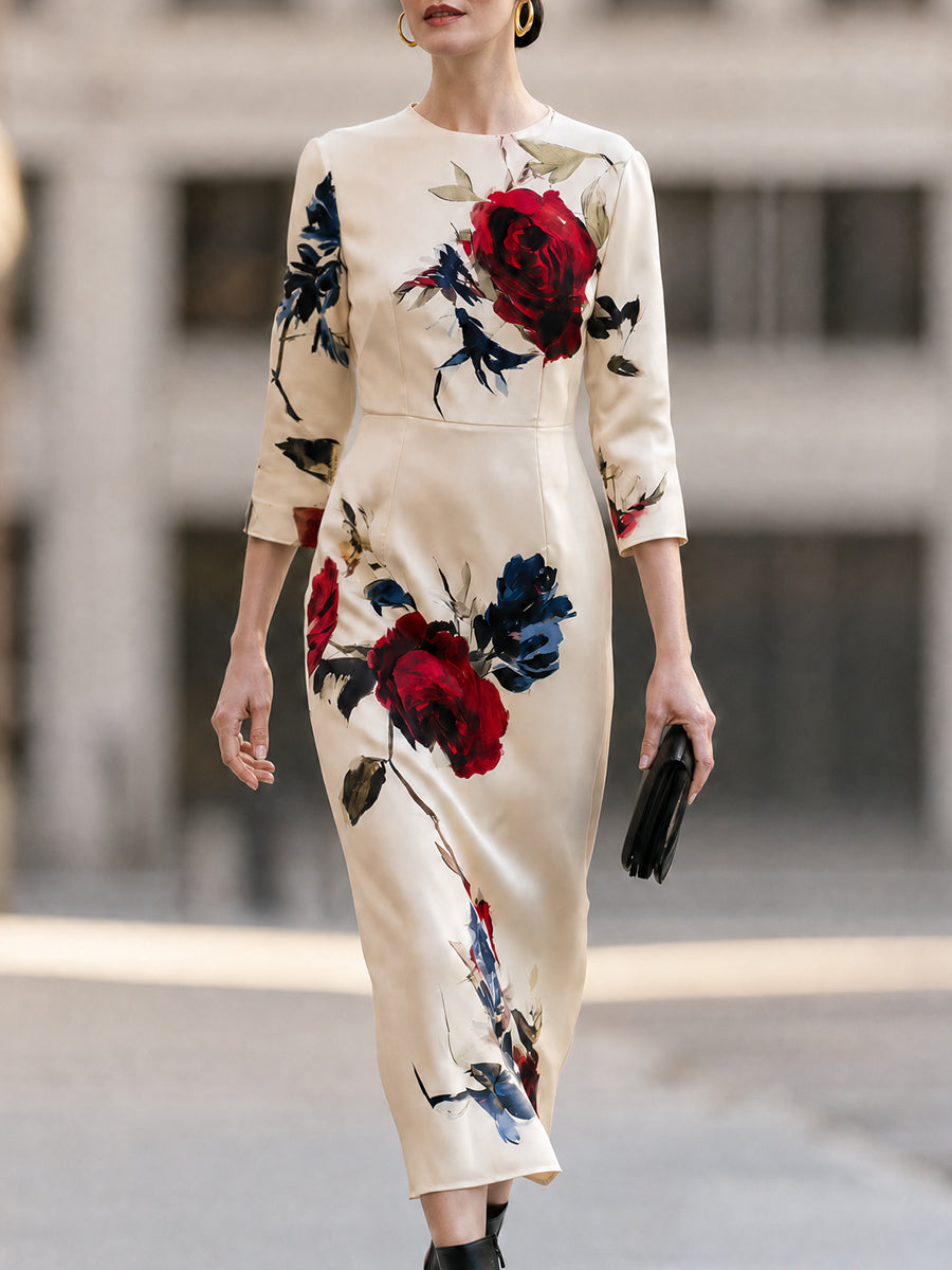 Cream Floral Satin Midi Dress with Crew Neck