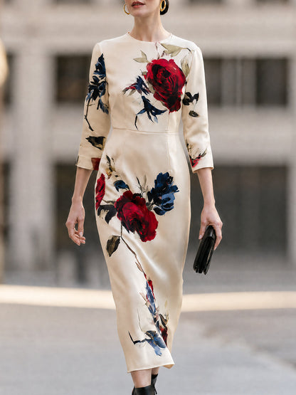 Cream Floral Satin Midi Dress with Crew Neck