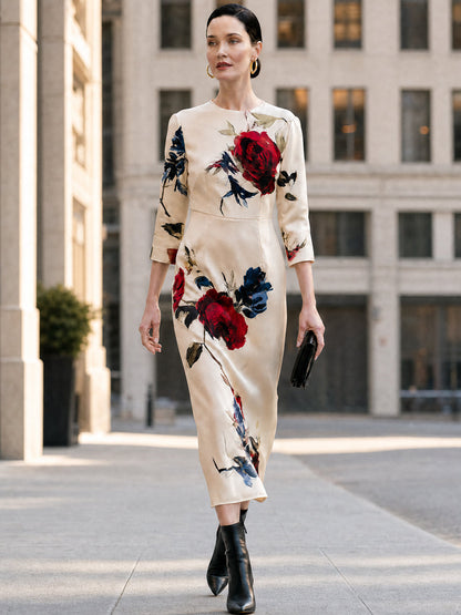 Cream Floral Satin Midi Dress with Crew Neck