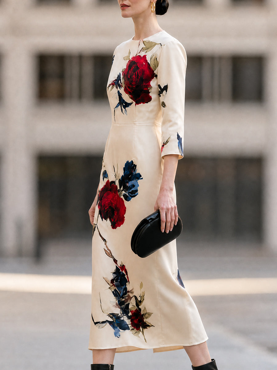 Cream Floral Satin Midi Dress with Crew Neck