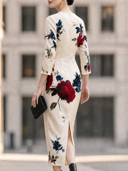 Cream Floral Satin Midi Dress with Crew Neck