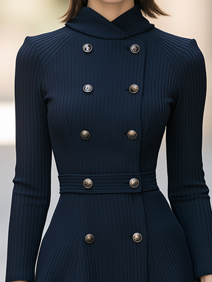Double Breasted Knit Midi Dress with Wrap Neck