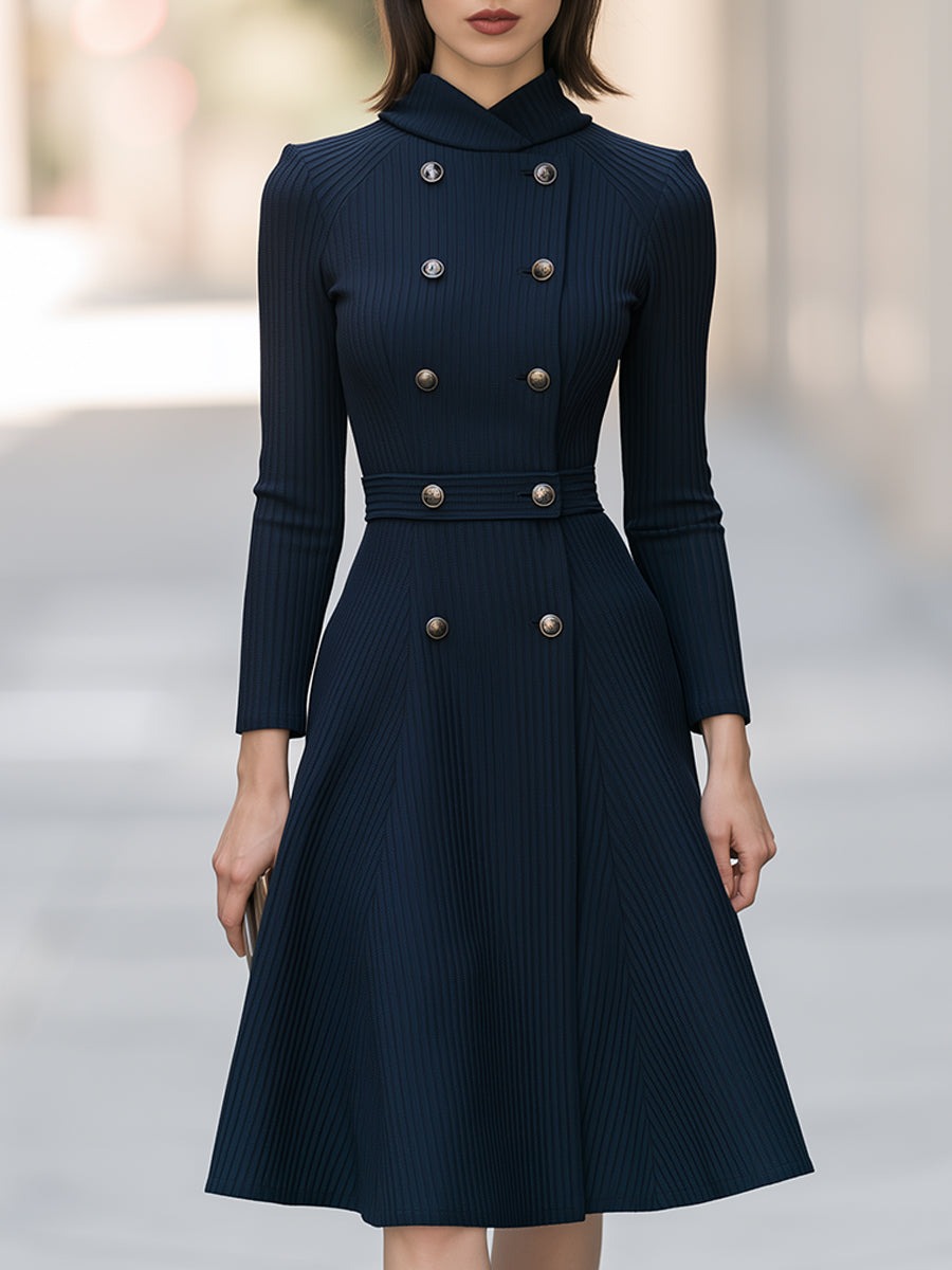 Double Breasted Knit Midi Dress with Wrap Neck