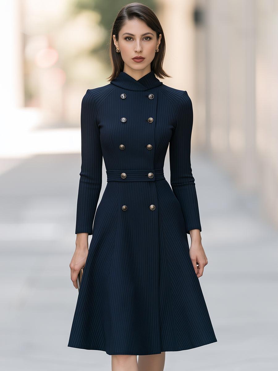 Double Breasted Knit Midi Dress with Wrap Neck