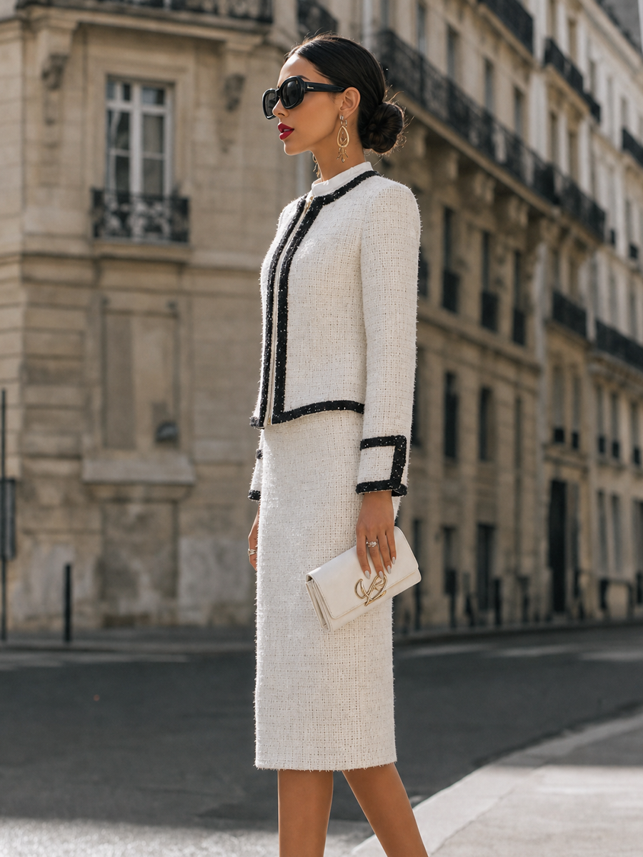 Cropped Jacket and Pencil Skirt Set with Contrast Trim