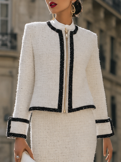 Cropped Jacket and Pencil Skirt Set with Contrast Trim