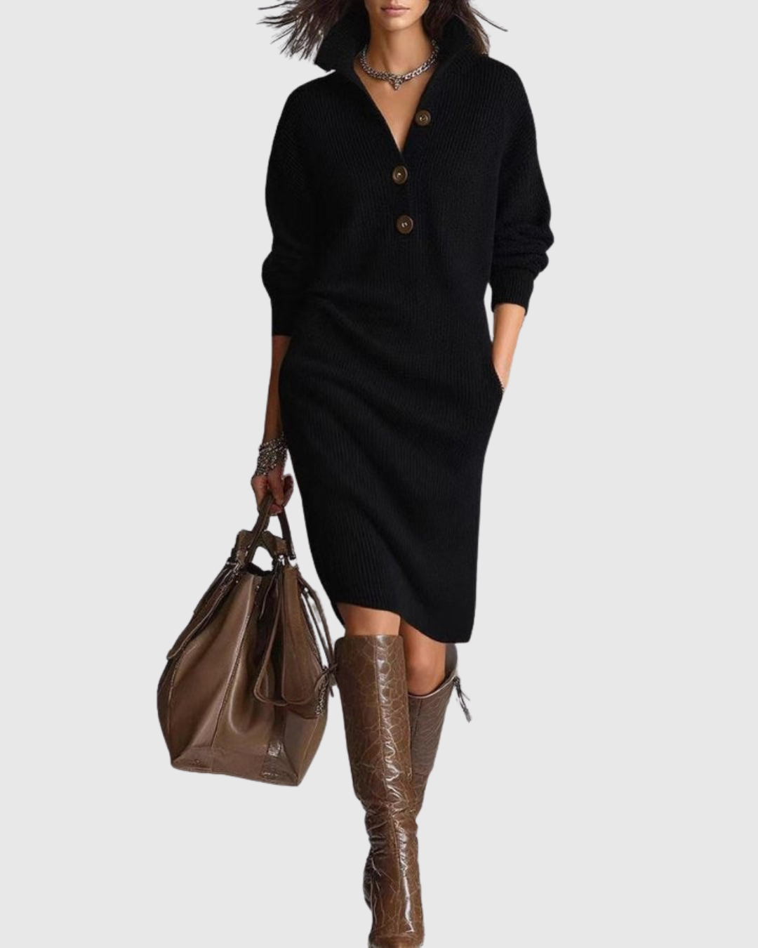 Arianell | Women's Pure Wool Ribbed Knit Midi Dress
