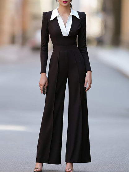 Jumpsuit with Contrast Collar and Deep V-Neck