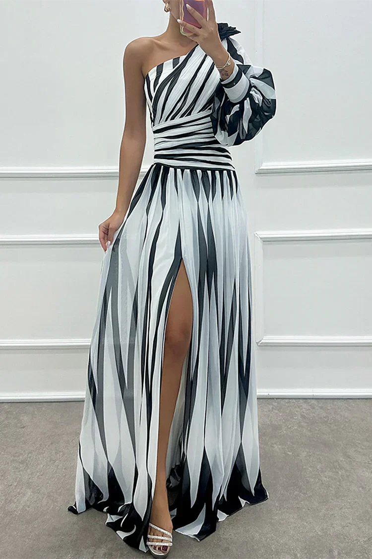 Sage | Stripe-Print One Shoulder Slit Formal Maxi Dress