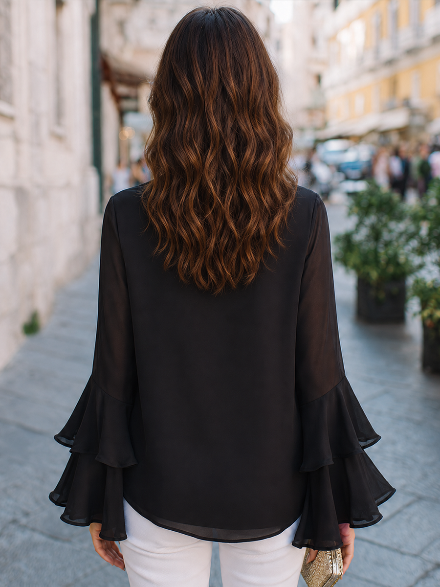Draped Blouse with Tie Neck and Ruffle Sleeves