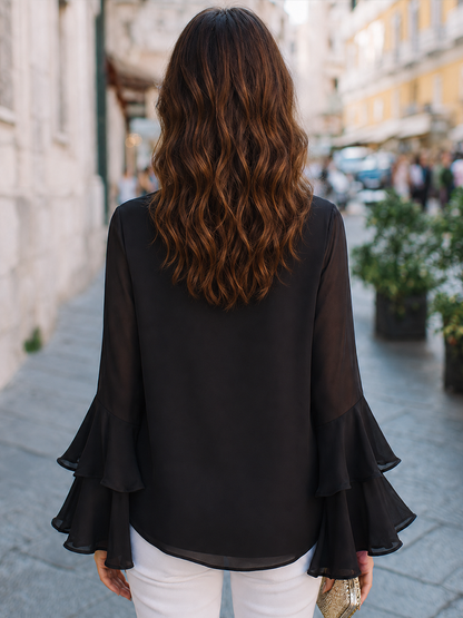 Draped Blouse with Tie Neck and Ruffle Sleeves