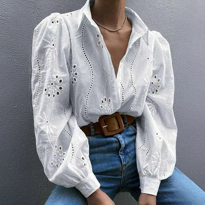 Paris | Eyelet Embroidered Puff-Sleeve Button Down Blouse