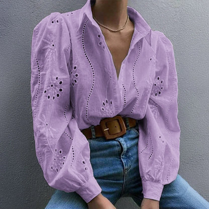Paris | Eyelet Embroidered Puff-Sleeve Button Down Blouse