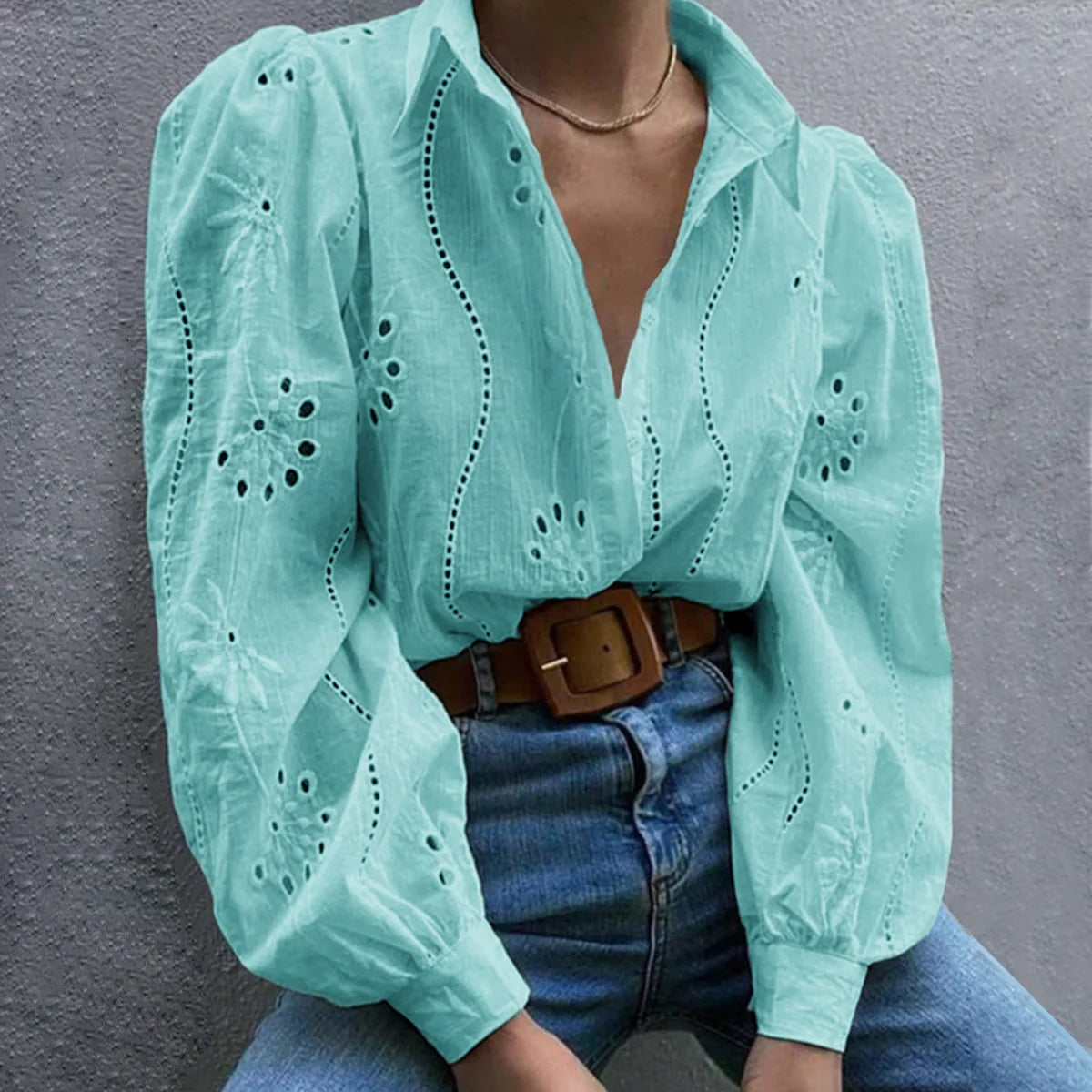 Paris | Eyelet Embroidered Puff-Sleeve Button Down Blouse