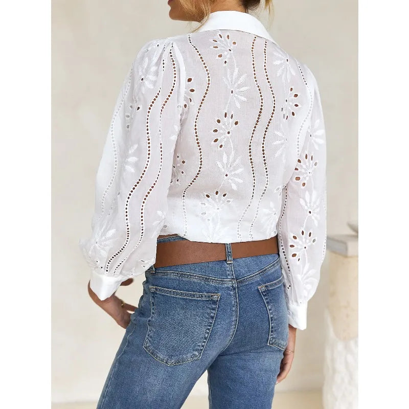 Paris | Eyelet Embroidered Puff-Sleeve Button Down Blouse