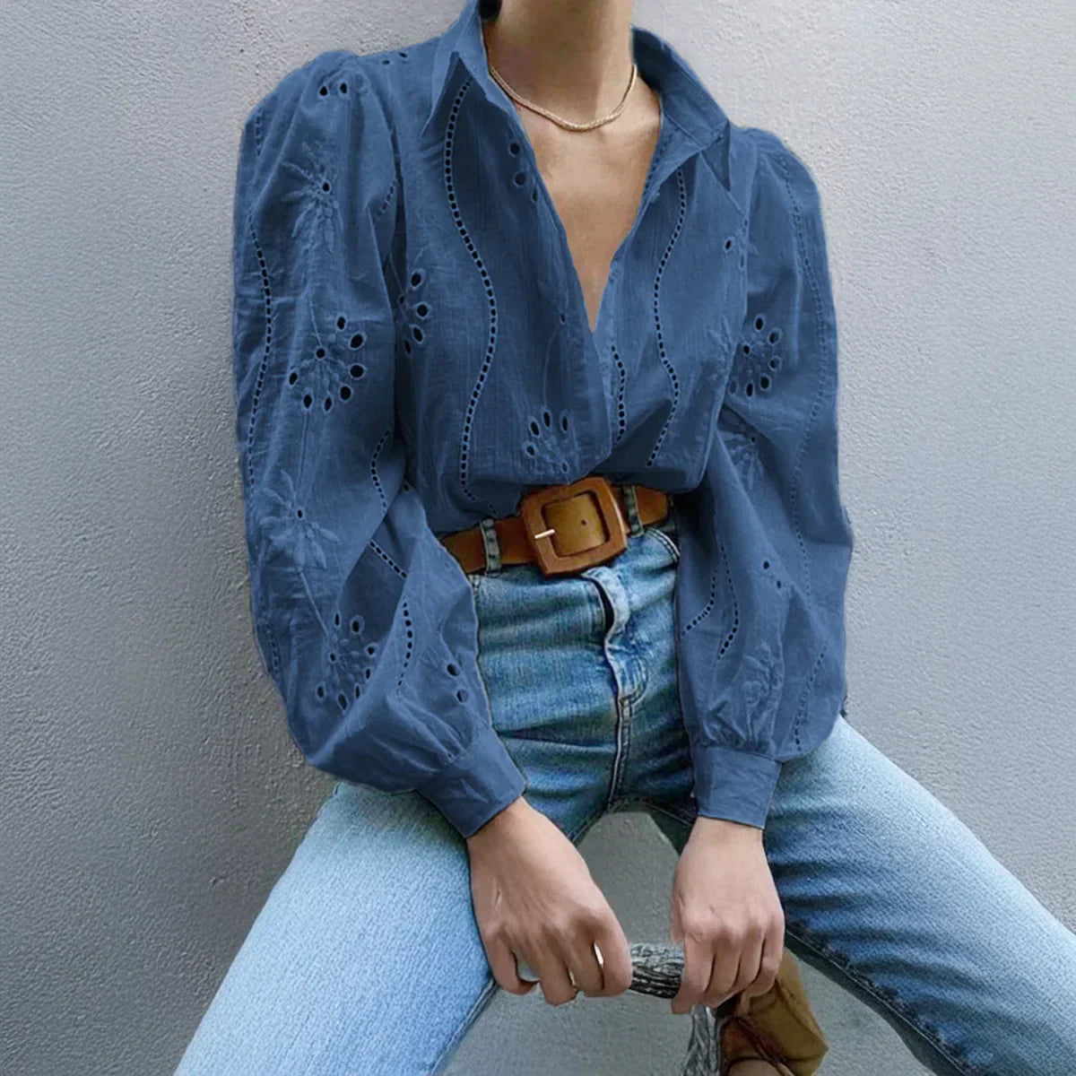 Paris | Eyelet Embroidered Puff-Sleeve Button Down Blouse