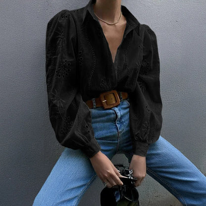 Paris | Eyelet Embroidered Puff-Sleeve Button Down Blouse