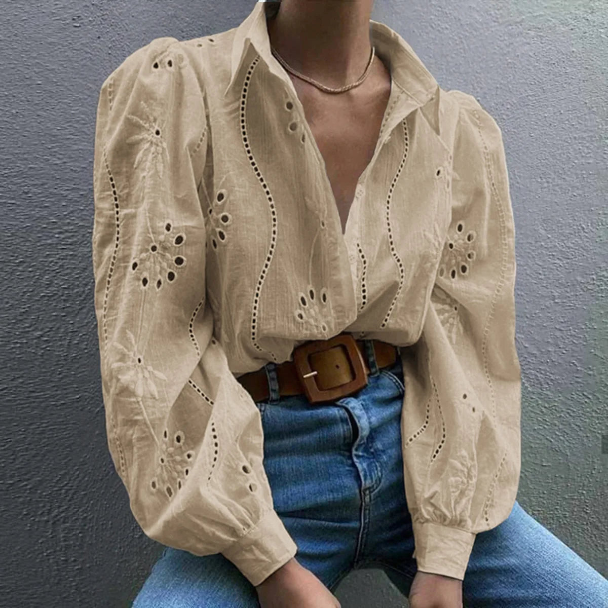 Paris | Eyelet Embroidered Puff-Sleeve Button Down Blouse
