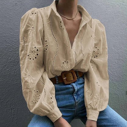 Paris | Eyelet Embroidered Puff-Sleeve Button Down Blouse