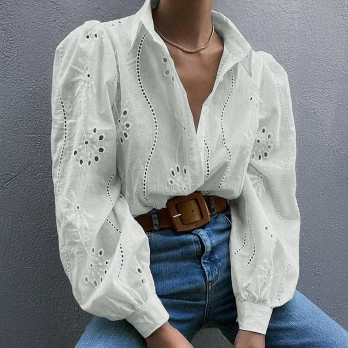 Paris | Eyelet Embroidered Puff-Sleeve Button Down Blouse