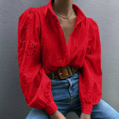 Paris | Eyelet Embroidered Puff-Sleeve Button Down Blouse