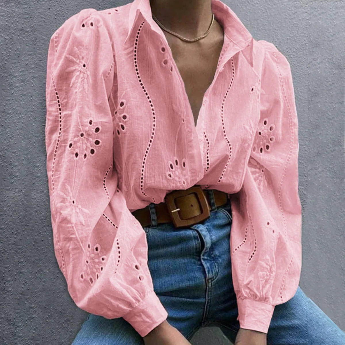 Paris | Eyelet Embroidered Puff-Sleeve Button Down Blouse