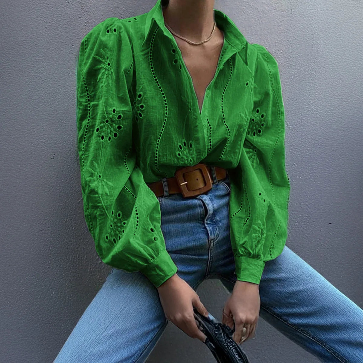 Paris | Eyelet Embroidered Puff-Sleeve Button Down Blouse