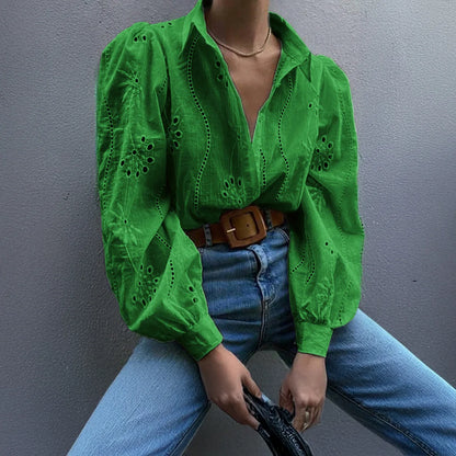 Paris | Eyelet Embroidered Puff-Sleeve Button Down Blouse