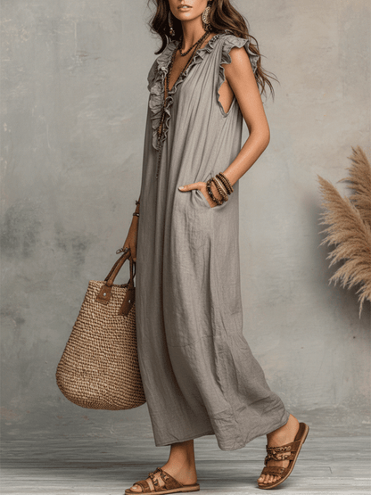 Ruffy | Sleeveless V-Neck Ruffle Boho Vacation Maxi Dress