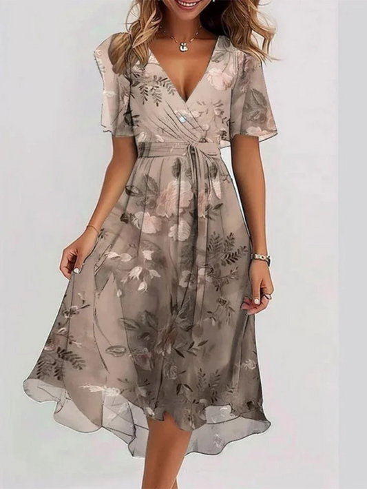 Cindy | Botanisk Print Indpakket Flutter Ærme Midi Strandkjole