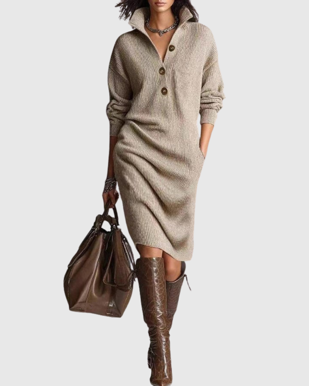 Arianell | Women's Pure Wool Ribbed Knit Midi Dress