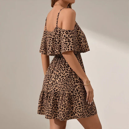 Marlowe | Leopard Print Cold-Shoulder Ruffle Mini Dress