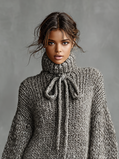 Elodie | Women's High Neck Knit Dress with Bow