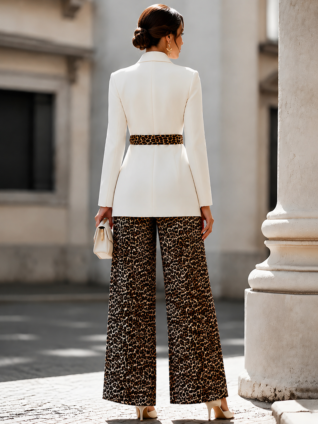 Et Hvid Blazer og Leopardprint Vide Bukser Sæt