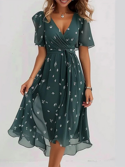 Cindy | Botanical Print Wrap Flutter Sleeve Midi Beach Dress