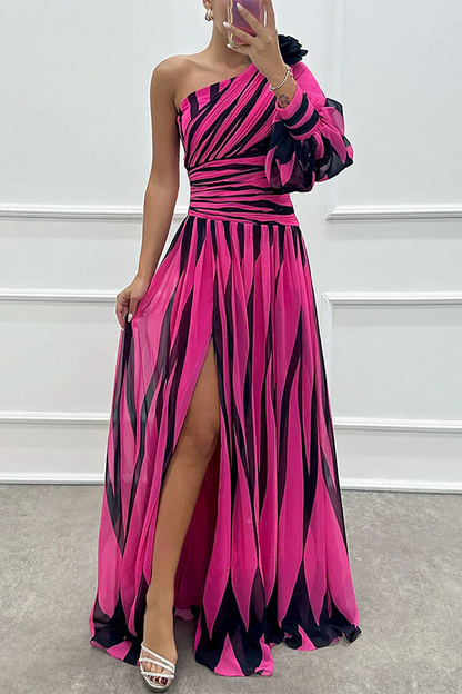 Sage | Stripe-Print One Shoulder Slit Formal Maxi Dress