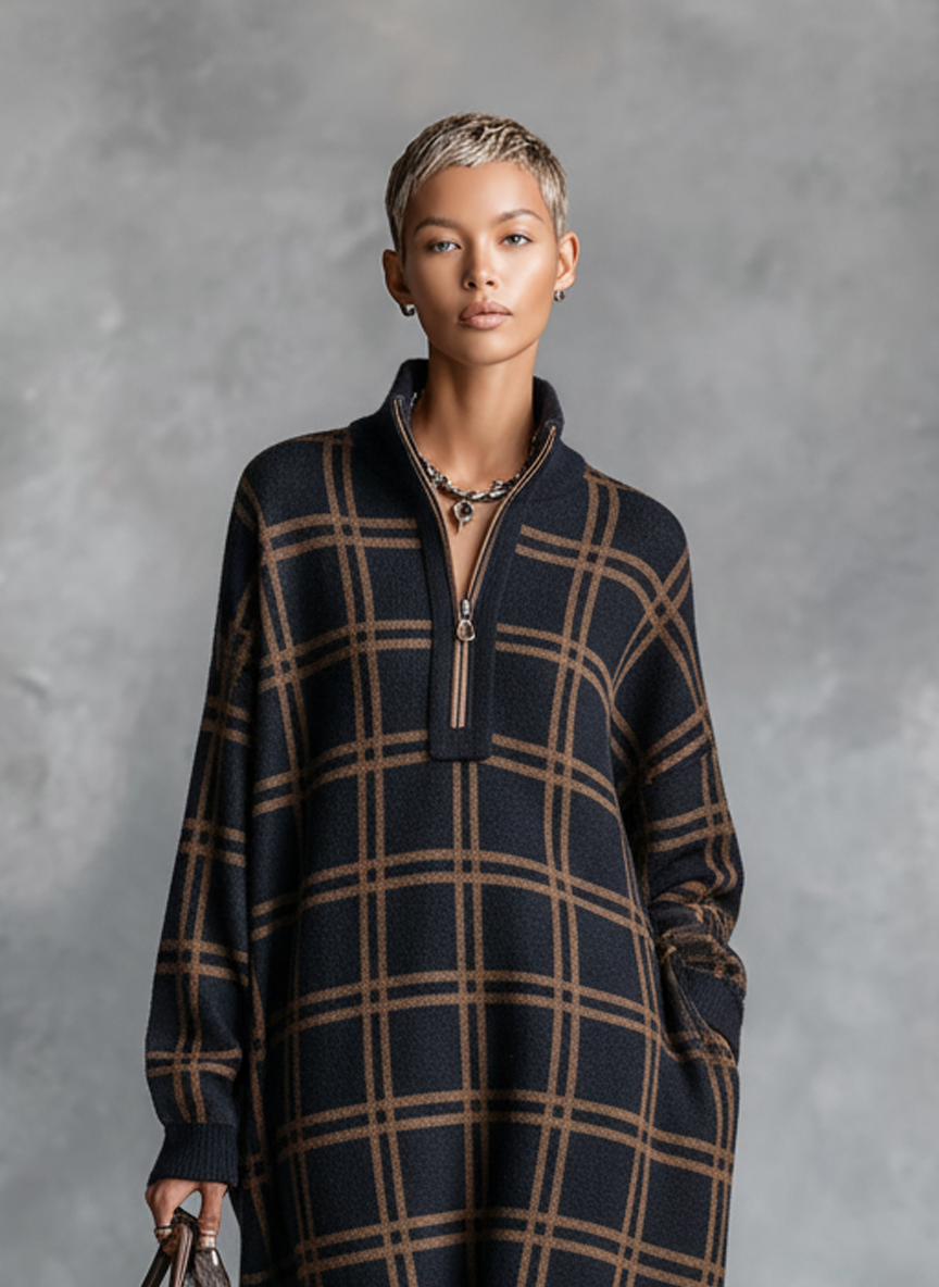 Rory | Women's Checked Knit Maxi Dress with Zip Neck