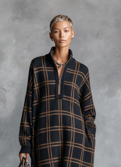 Rory | Women's Checked Knit Maxi Dress with Zip Neck