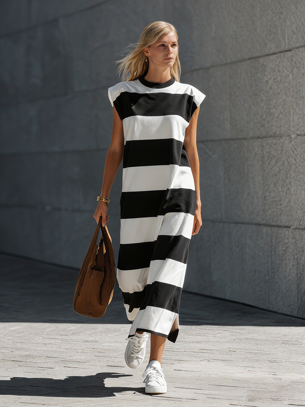 Sienna | Women's Brown and White Knit Maxi Dress with Crew Neck