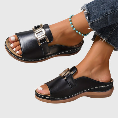 Brittany | Gold Chain Buckle Flat Cushioned Comfort Sandals