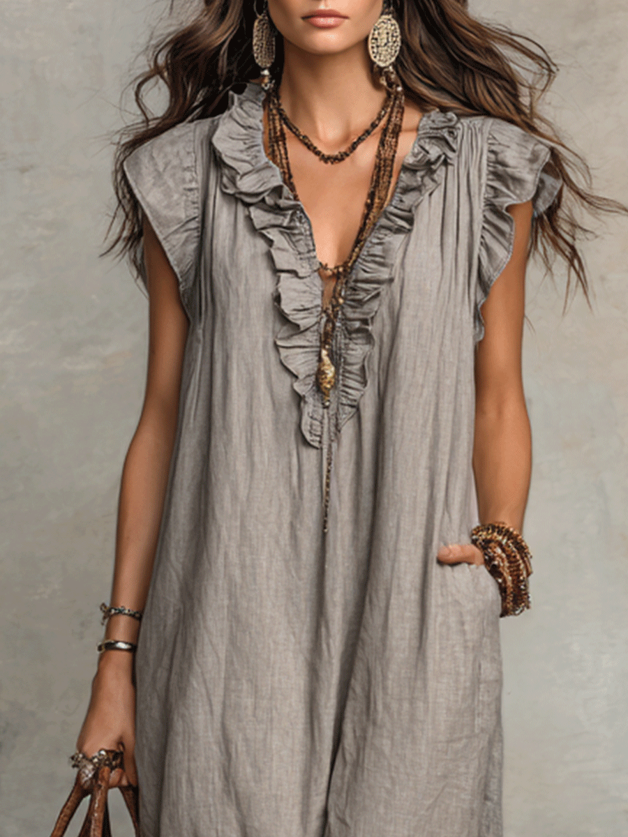 Ruffy | Sleeveless V-Neck Ruffle Boho Vacation Maxi Dress