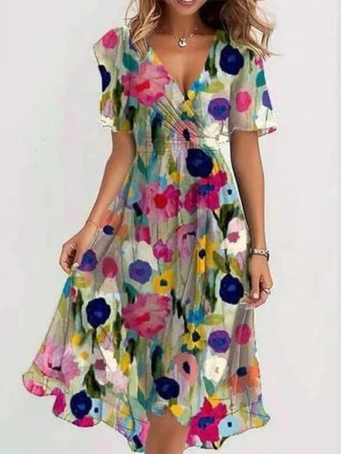 Cindy | Botanical Print Wrap Flutter Sleeve Midi Beach Dress